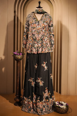 Black Raw Silk Embroidered Palazzo Suit
