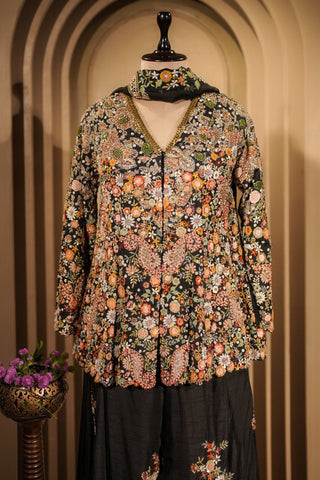 Black Raw Silk Embroidered Palazzo Suit