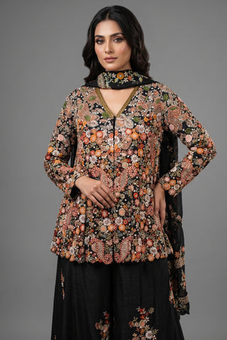 Black Raw Silk Embroidered Palazzo Suit