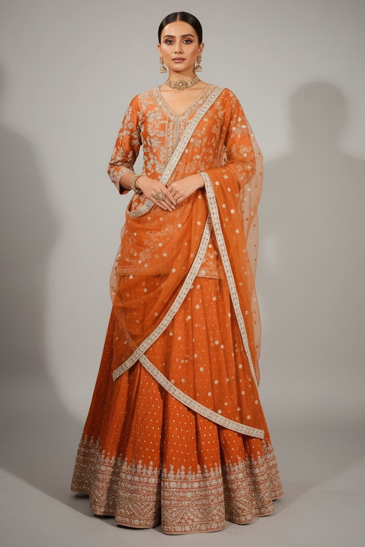 Orange Tissue Silk Sequin Embroidered and Mirror Worked Palazzo Suit