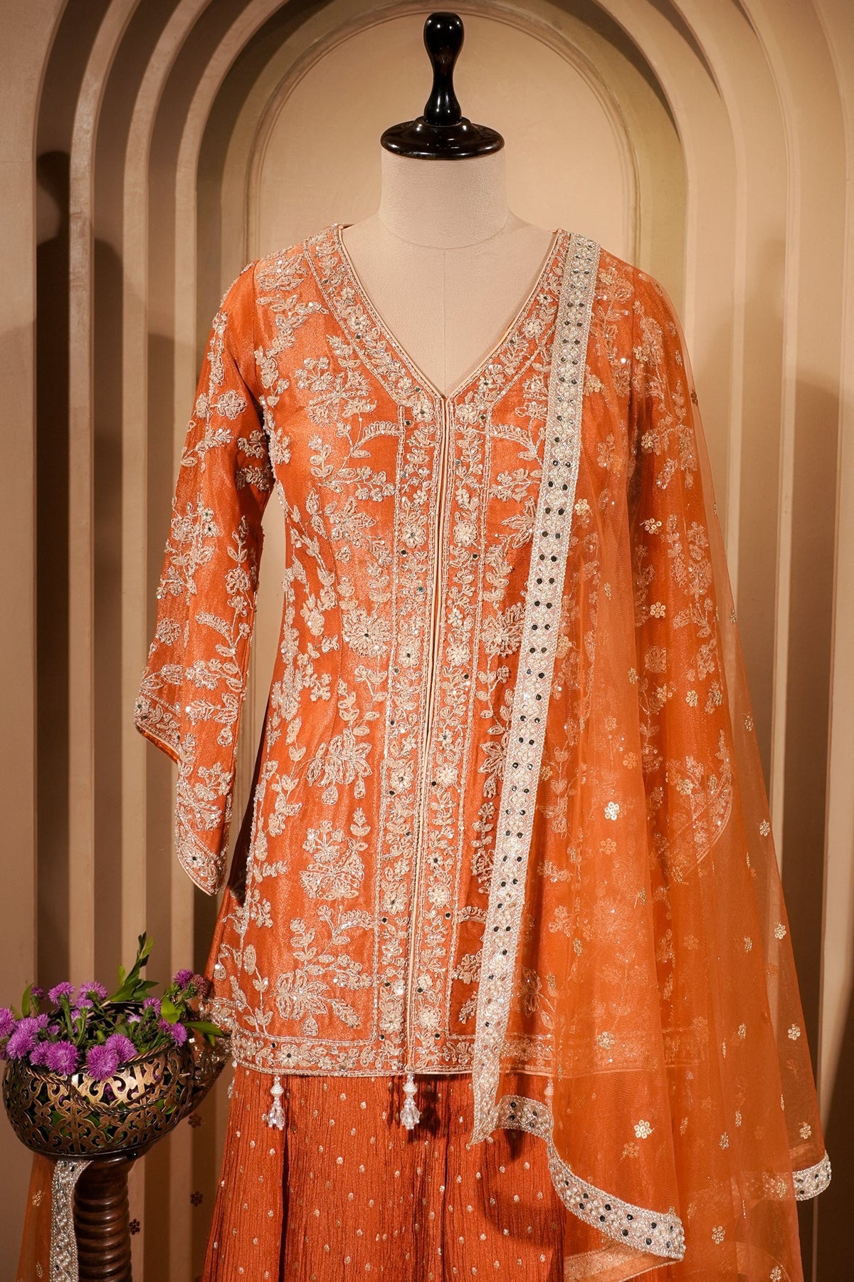 Orange Tissue Silk Sequin Embroidered and Mirror Worked Palazzo Suit