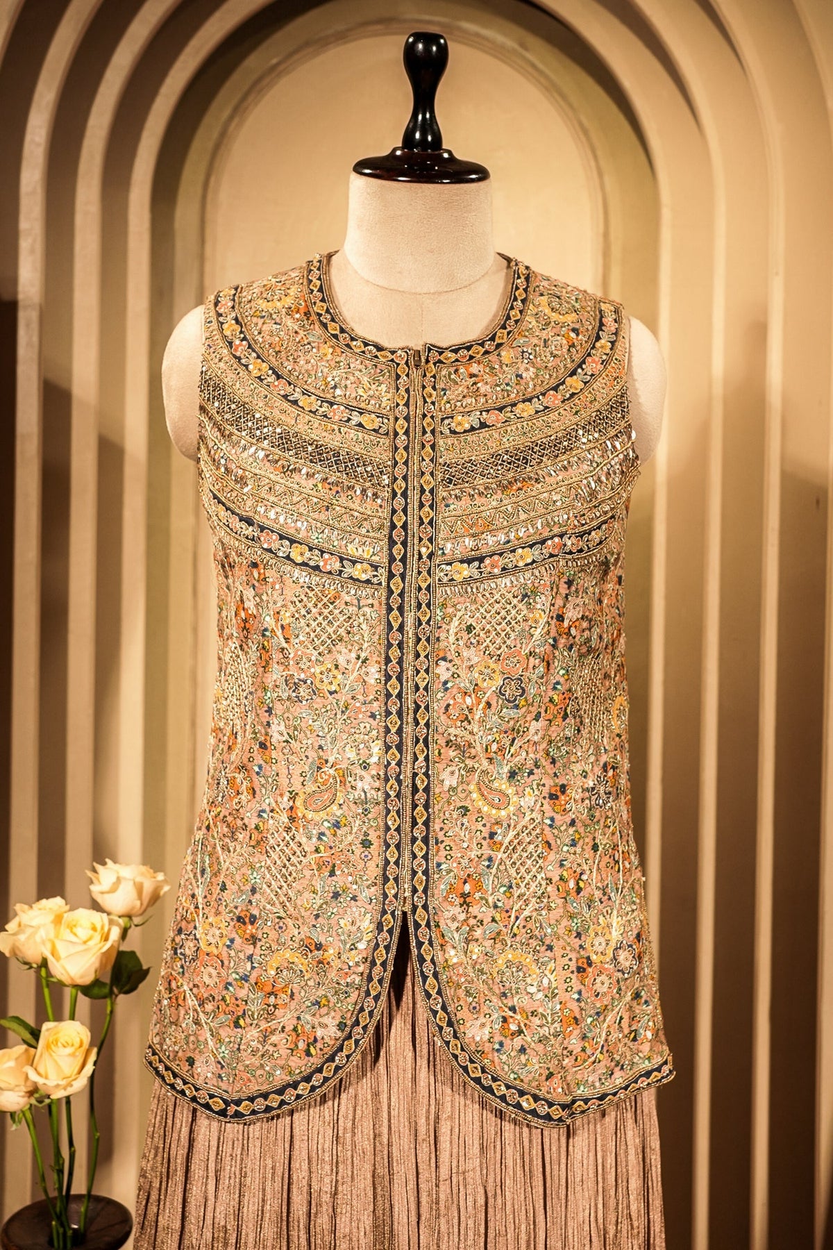 Peach Silk Printed Co-Ord Set Sequins Embroidery