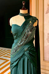 Bottle Green Chinon Silk Indo Western Set