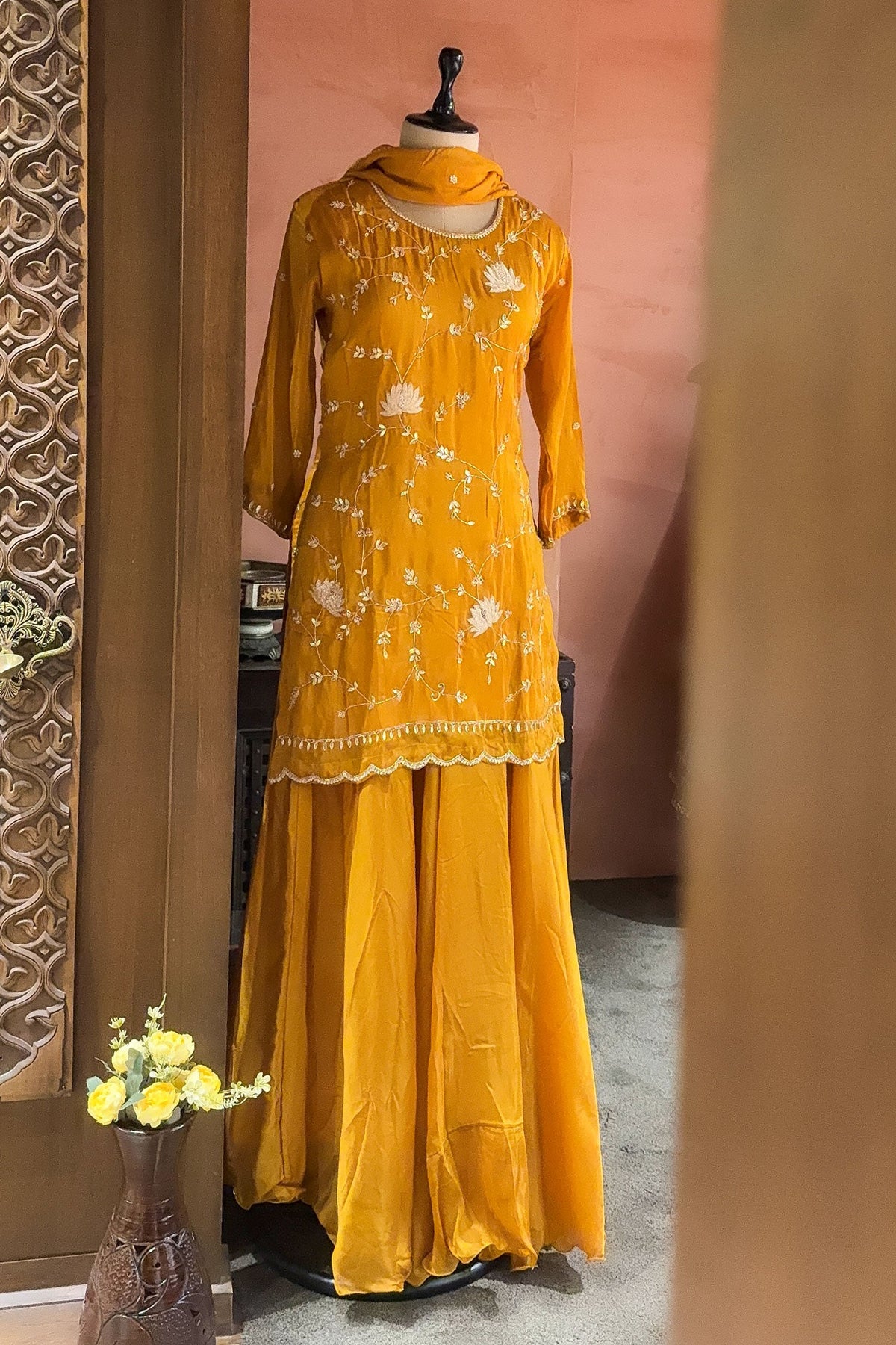 Mustard Satin Organza Gota Worked Lehenga Suit