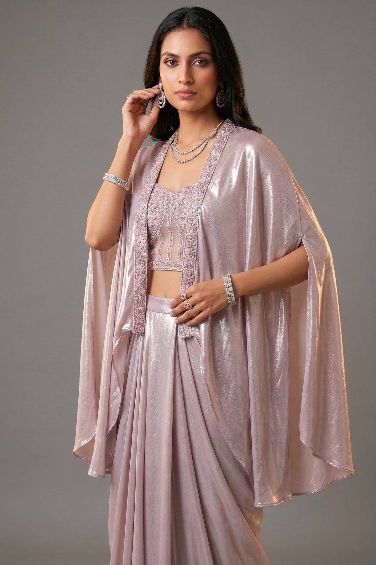 Pink Net Beaded and Sequin Worked Corset Skirt Set with Cape Jacket