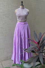 Lilac Crepe Silk Beaded and Sequin Worked Crop Top Palazzo Set