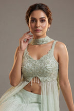 Mint Green Soft Organza Silk Sequin Cutdana worked High Slit Cut Palazzo Suit