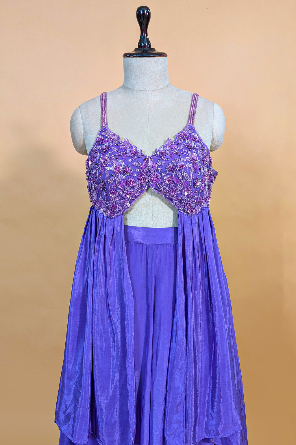 Purple Crepe Net Silk Sequin Beaded High Slit Cut Palazzo Suit
