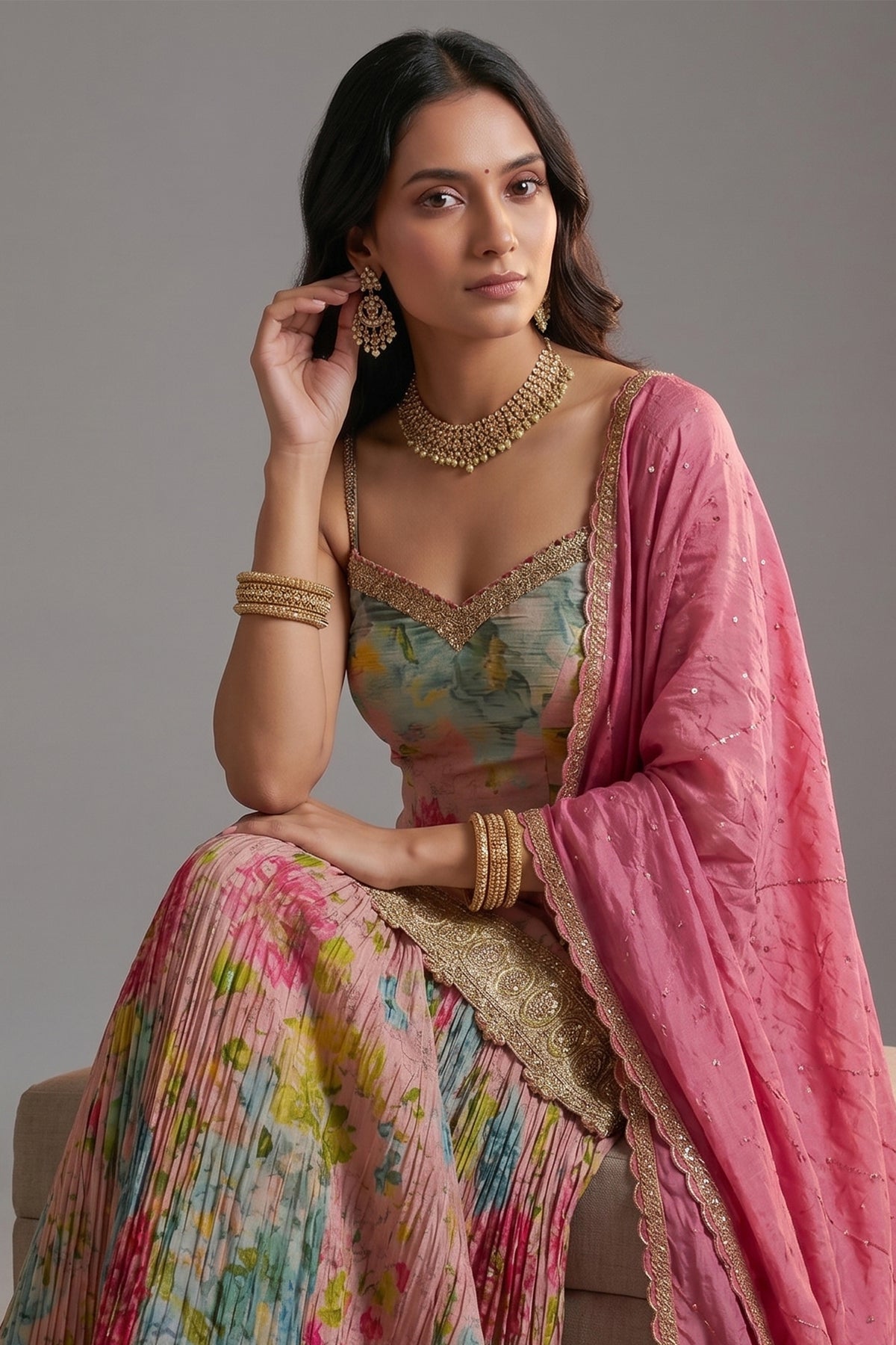 Multi Colored Tissue Silk Floral Printed Palazzo Suit