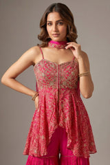 Pink Crepe Satin Silk Printed Slit Cut Sharara Suit with Cutdana Bodice