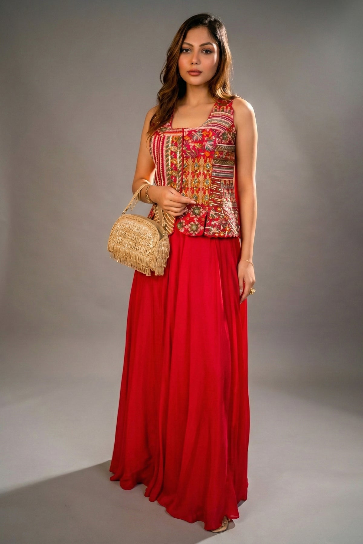Fuschia Pink Silk Embroidered Top and Palazzo Set