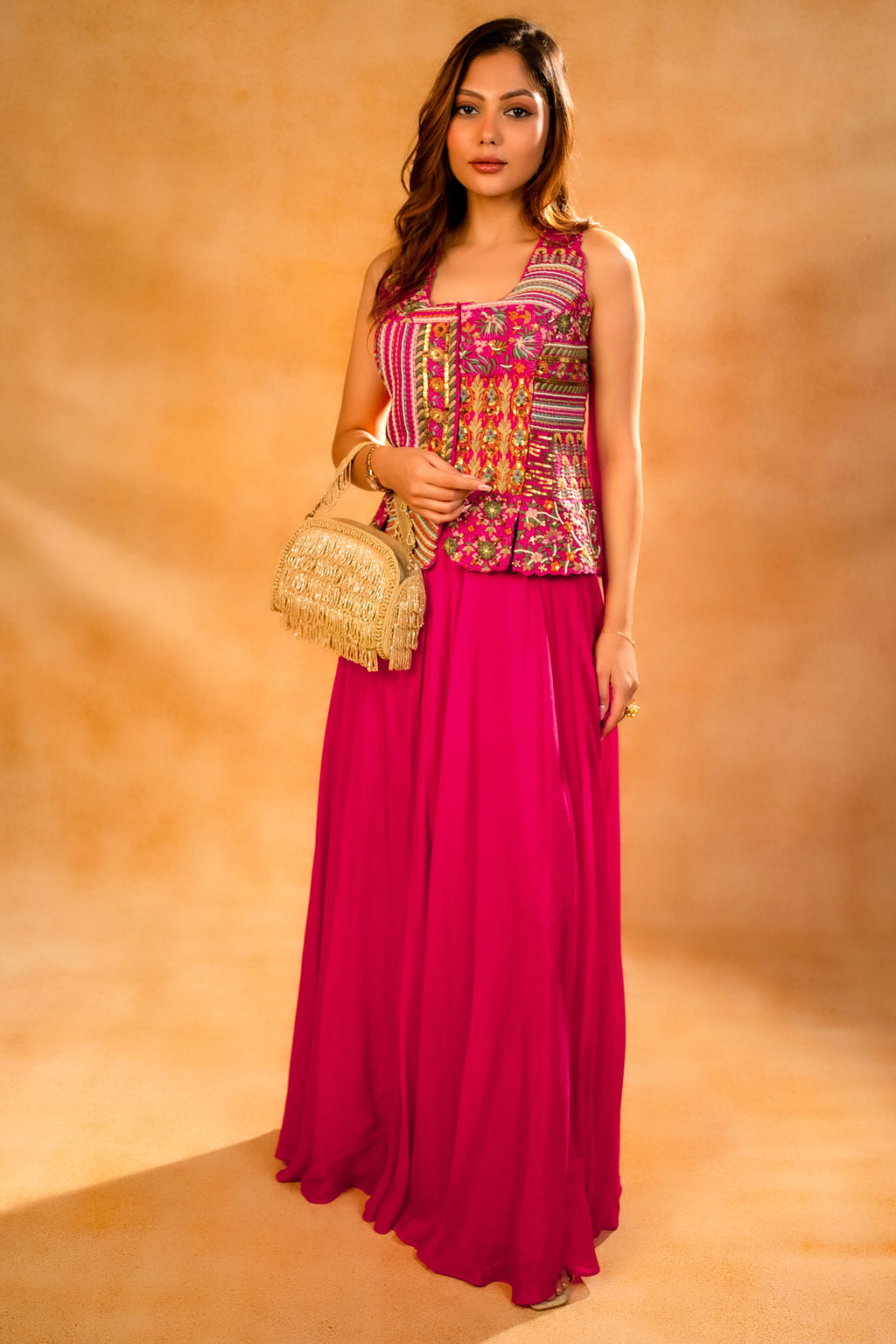 Fuschia Pink Silk Embroidered Top and Palazzo Set
