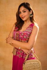 Fuschia Pink Silk Embroidered Top and Palazzo Set