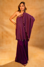Byzantium Purple Georgette One Shoulder Asymmetrical Palazzo Set with Mirror Work