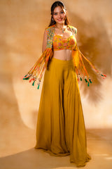 Yellow Organza Crop Top Palazzo Set with Mirror Worked Jacket