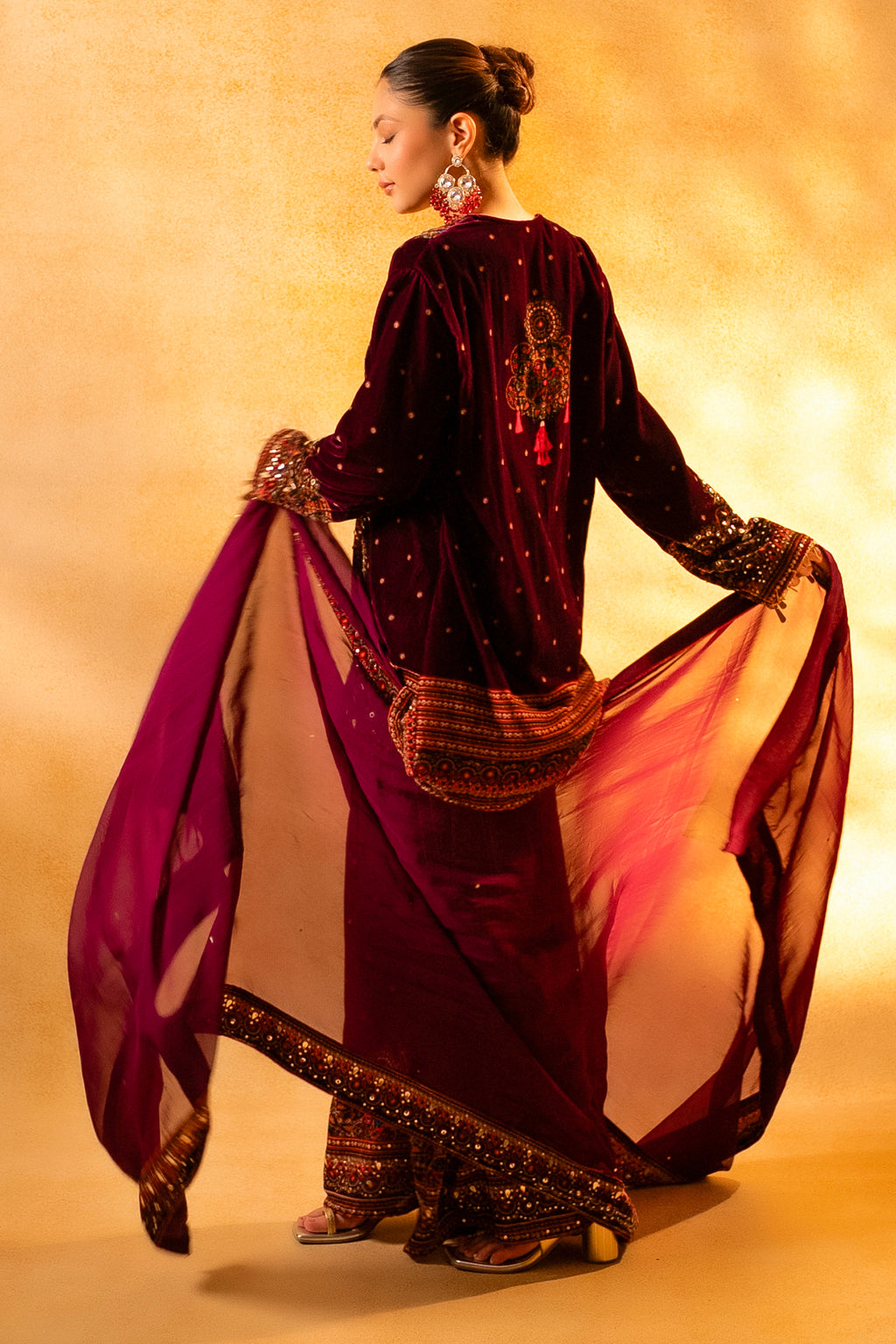 Dark Byzantium Velvet Printed and Sequinned Palazzo Suit