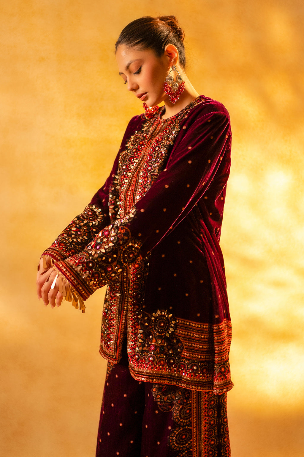 Dark Byzantium Velvet Printed and Sequinned Palazzo Suit