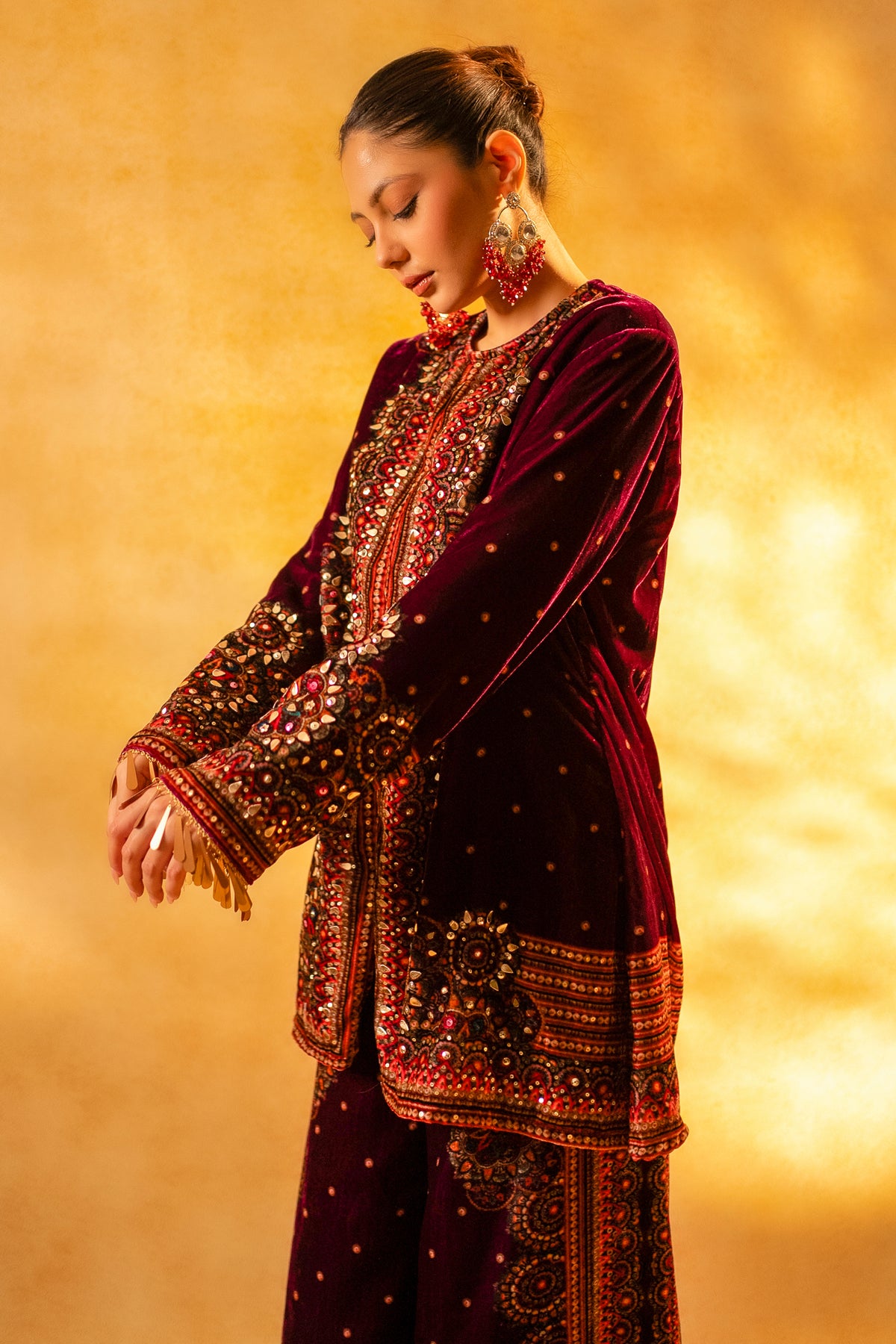 Dark Byzantium Velvet Printed and Sequinned Palazzo Suit