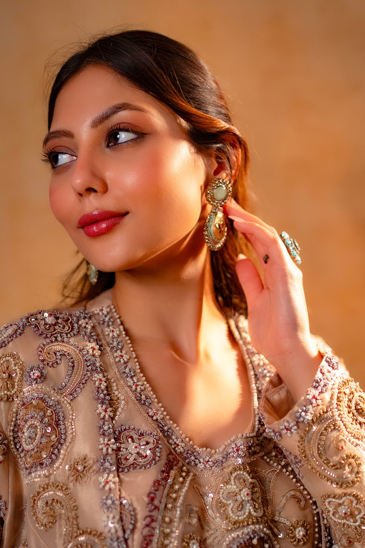 Champagne Beige Sequinned and Beaded Crop Top Palazzo Set with Long Jacket