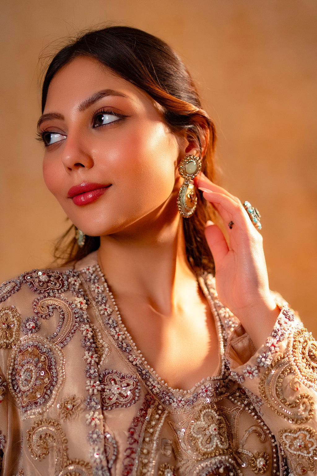 Champagne Beige Sequinned and Beaded Crop Top Palazzo Set with Long Jacket