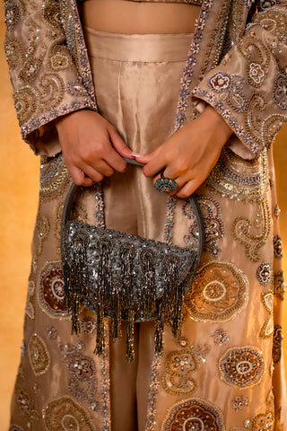 Champagne Beige Sequinned and Beaded Crop Top Palazzo Set with Long Jacket
