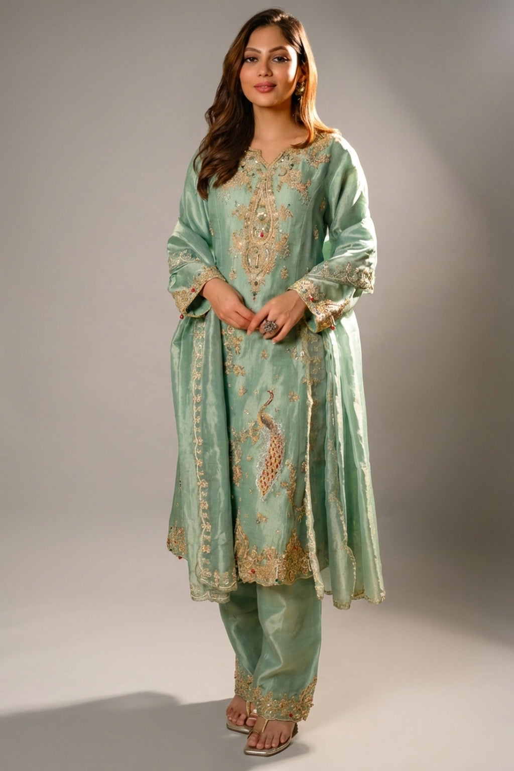 Turquoise Blue Organza Designer Handworked Suit
