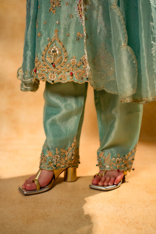 Turquoise Blue Organza Designer Handworked Suit
