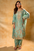 Turquoise Blue Organza Designer Handworked Suit