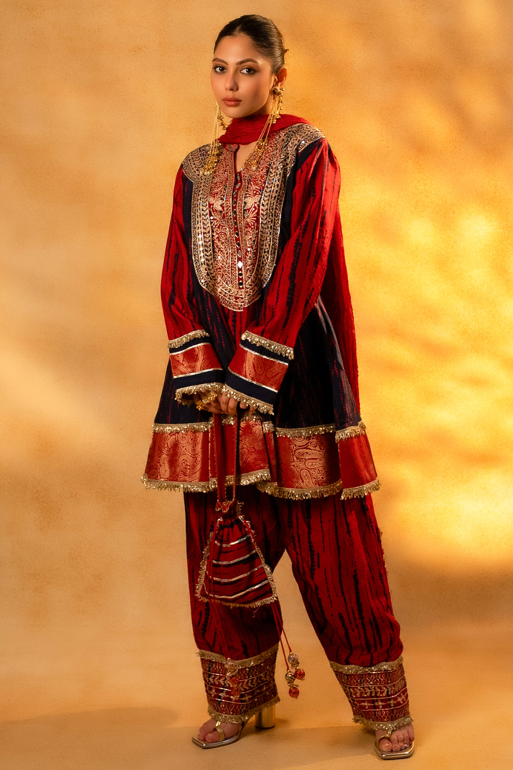 Maroon and Dark Navy Blue Raw Silk Choga Style Suit