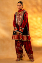 Maroon and Dark Navy Blue Raw Silk Choga Style Suit