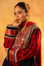Maroon and Dark Navy Blue Raw Silk Choga Style Suit