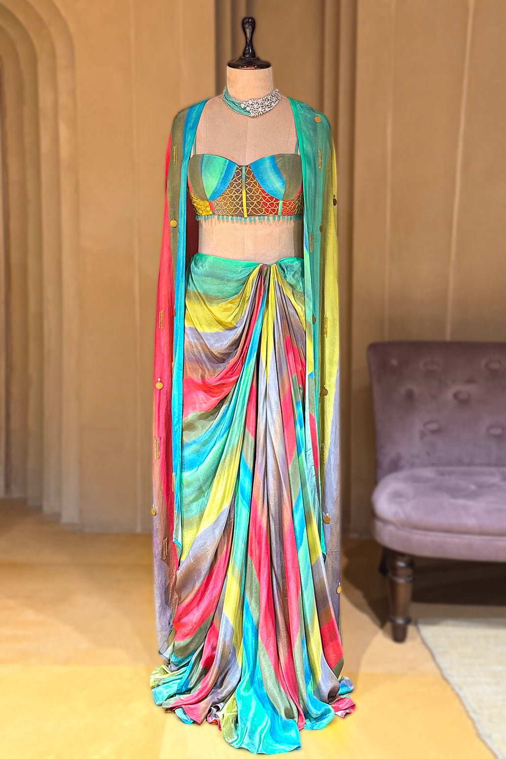 Veridian Crepe Satin Silk Cape Set