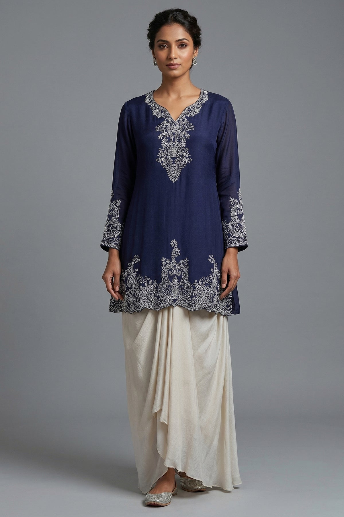 Blue Chinon Chiffon Sequin and Beaded Work Skirt Set