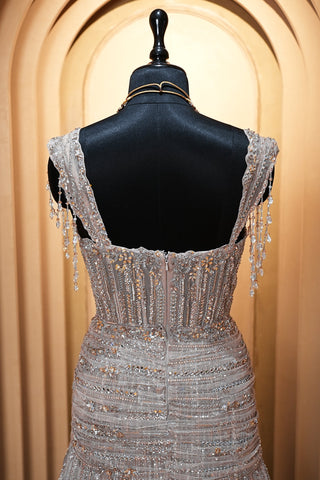 Grayish-Taupe Couture Heavily Hand-Embroidered Evening Gown