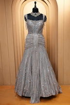 Grayish-Taupe Couture Heavily Hand-Embroidered Evening Gown
