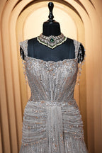 Grayish-Taupe Couture Heavily Hand-Embroidered Evening Gown