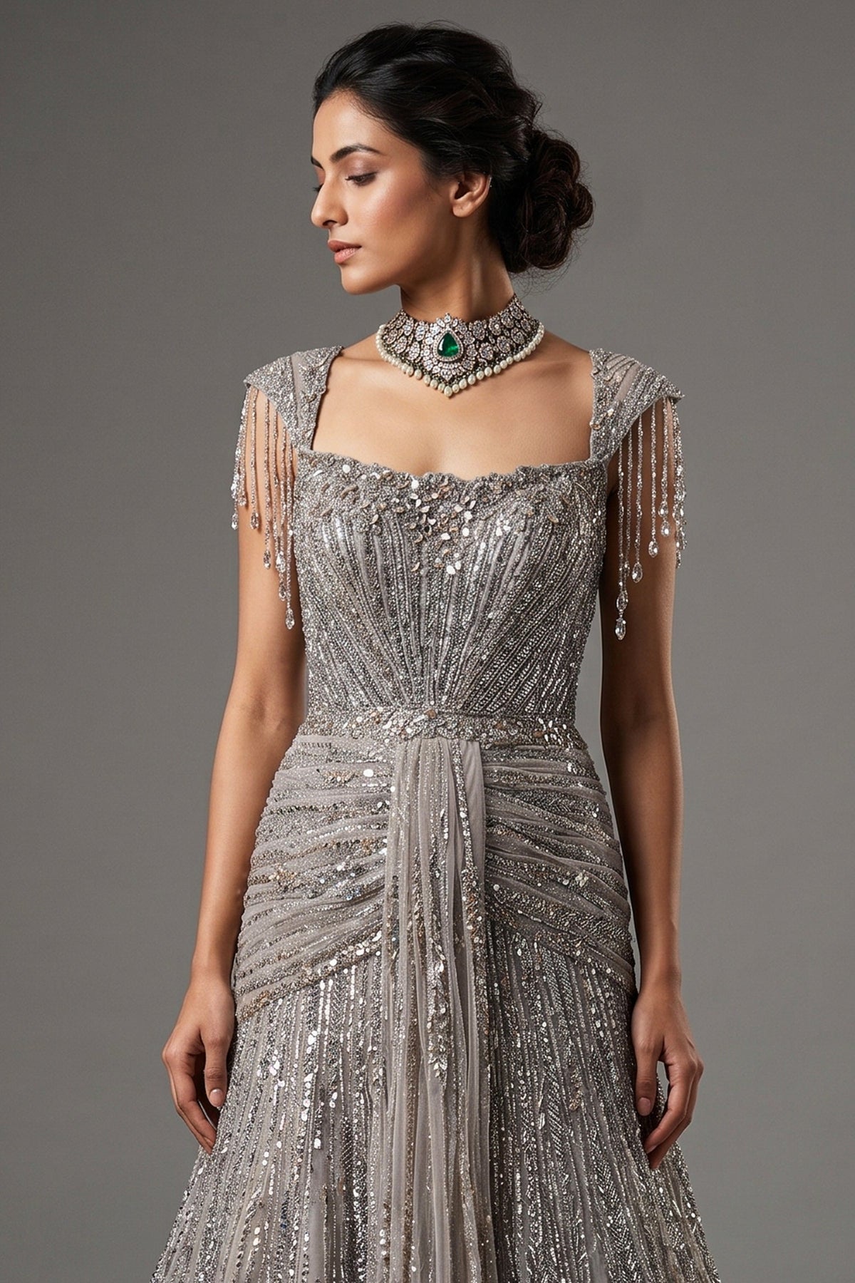 Grayish-Taupe Couture Heavily Hand-Embroidered Evening Gown