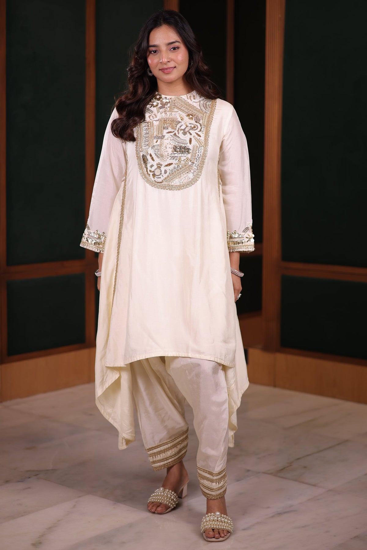 Ivory Silk Asymmetric High-Low Salwar Suit with Heavily Embroidered Yoke and Lime Green Organza Dupatta