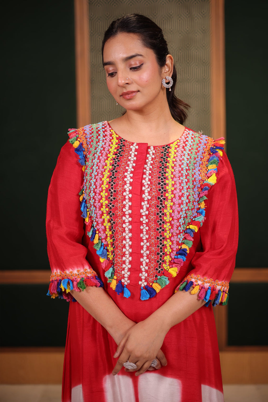 Crimson Red Crepe Silk Asymmetric Tunic Set with Encrusted Bead Yoke and Multicolor Tassels