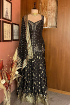 Midnight Black Raw Silk Straight Kurta with Crepe Satin Palazzo and Banarasi Georgette Dupatta Set
