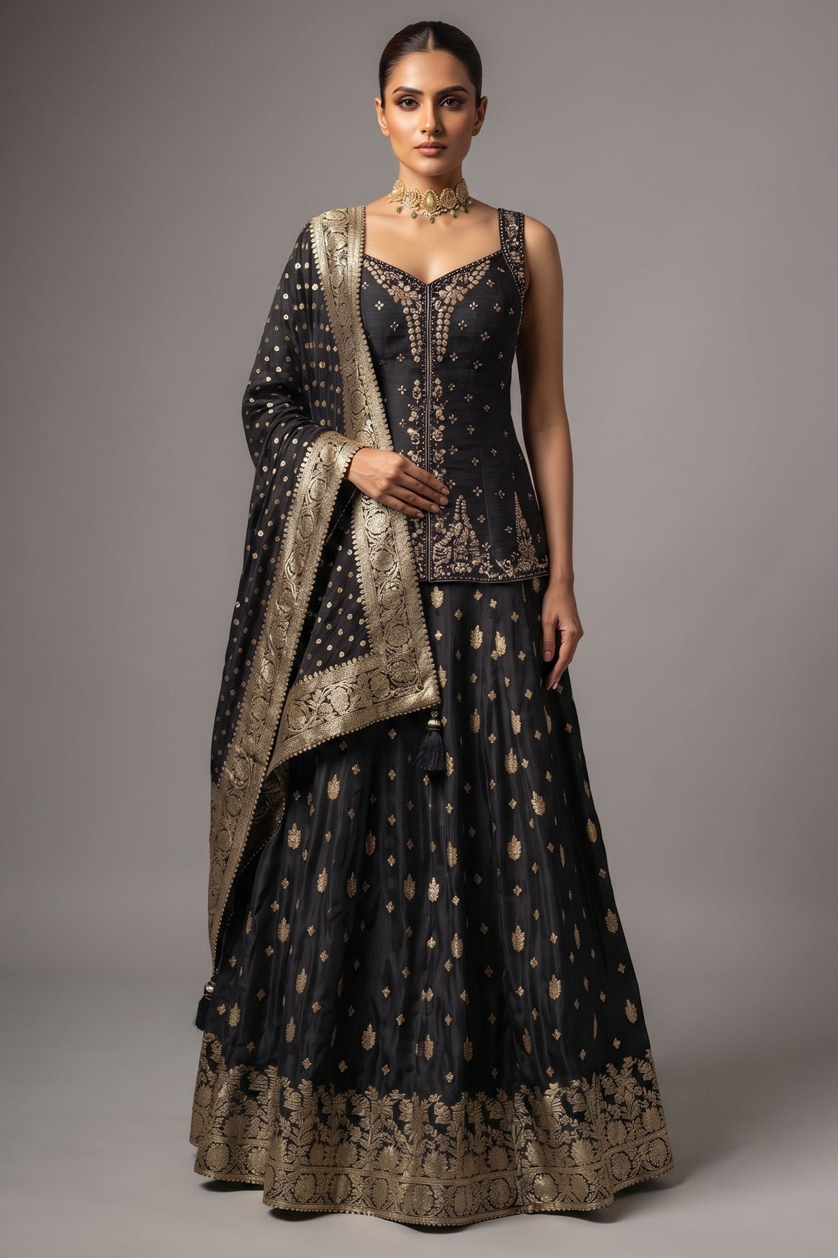 Midnight Black Raw Silk Straight Kurta with Crepe Satin Palazzo and Banarasi Georgette Dupatta Set