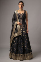 Midnight Black Raw Silk Straight Kurta with Crepe Satin Palazzo and Banarasi Georgette Dupatta Set