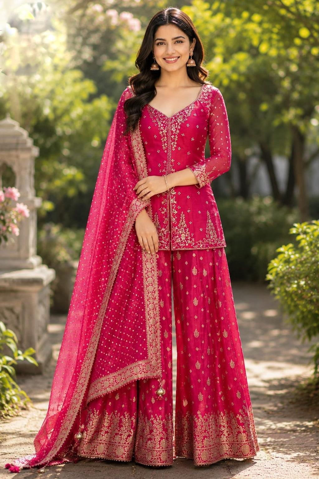 Fuchsia Pink Raw Silk Cutdana-Mirror Work Tunic Palazzo Suit