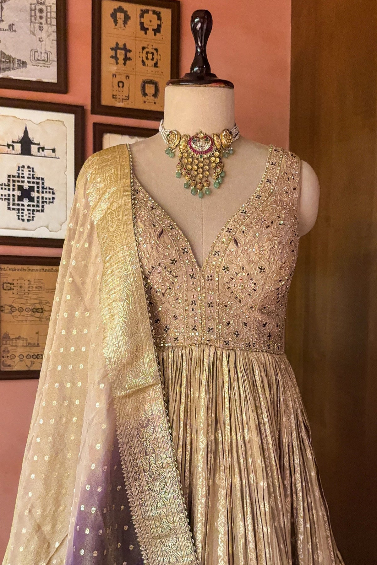 Peach-Purple Dual-Tone Tissue Silk Anarkali Gown with Cutdana-Mirror Bodice and Zari Weaving