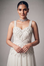 Chantilly White Georgette Evening Gown featuring Hand-Embellished Botanical Cutdana Bodice