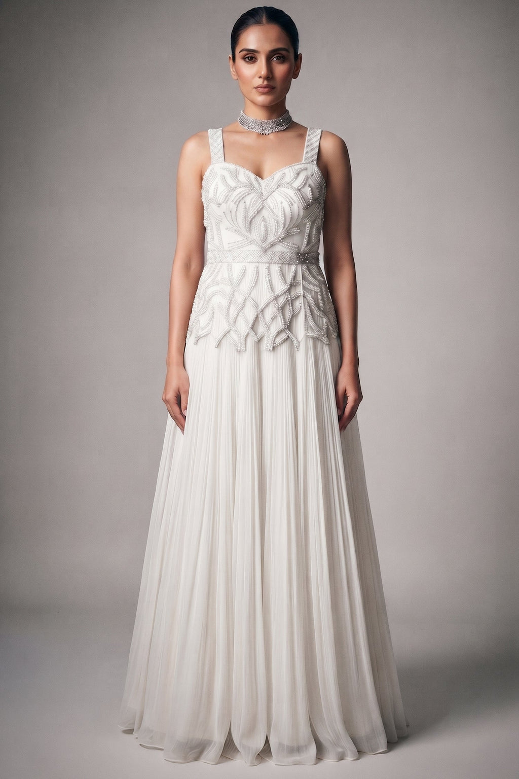 Chantilly White Georgette Evening Gown featuring Hand-Embellished Botanical Cutdana Bodice