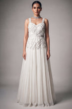 Chantilly White Georgette Evening Gown featuring Hand-Embellished Botanical Cutdana Bodice