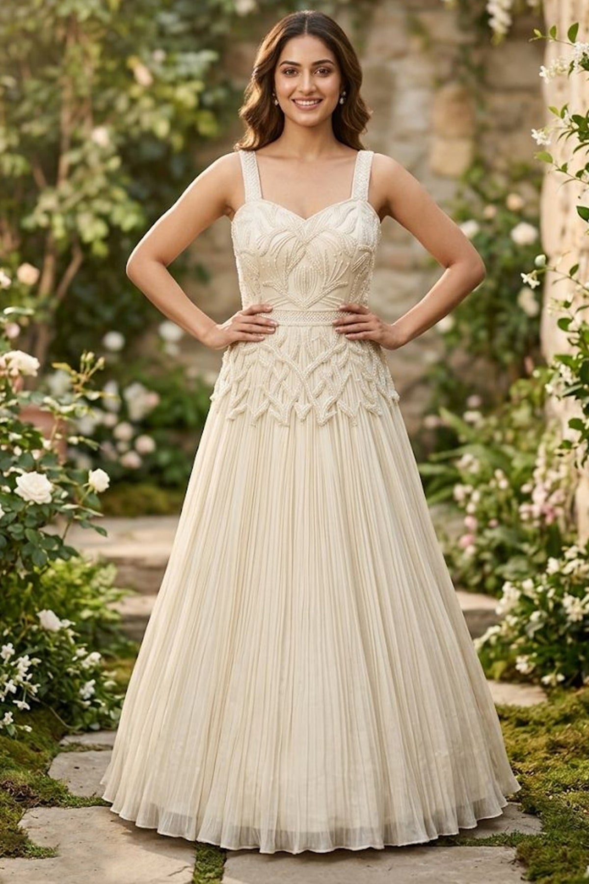 Chantilly White Georgette Evening Gown featuring Hand-Embellished Botanical Cutdana Bodice