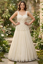 Chantilly White Georgette Evening Gown featuring Hand-Embellished Botanical Cutdana Bodice