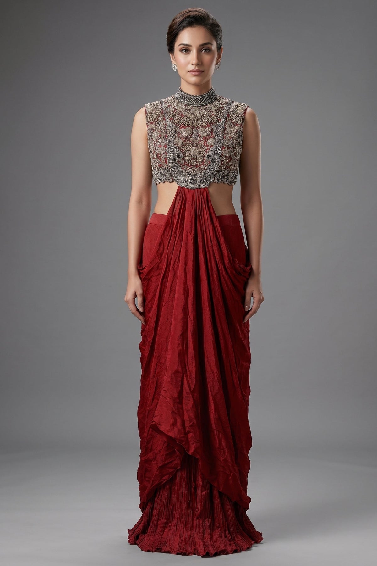 Oxblood Maroon Chinon Silk Draped Indo-Western Dress featuring Cutdana & Crystal Bodice
